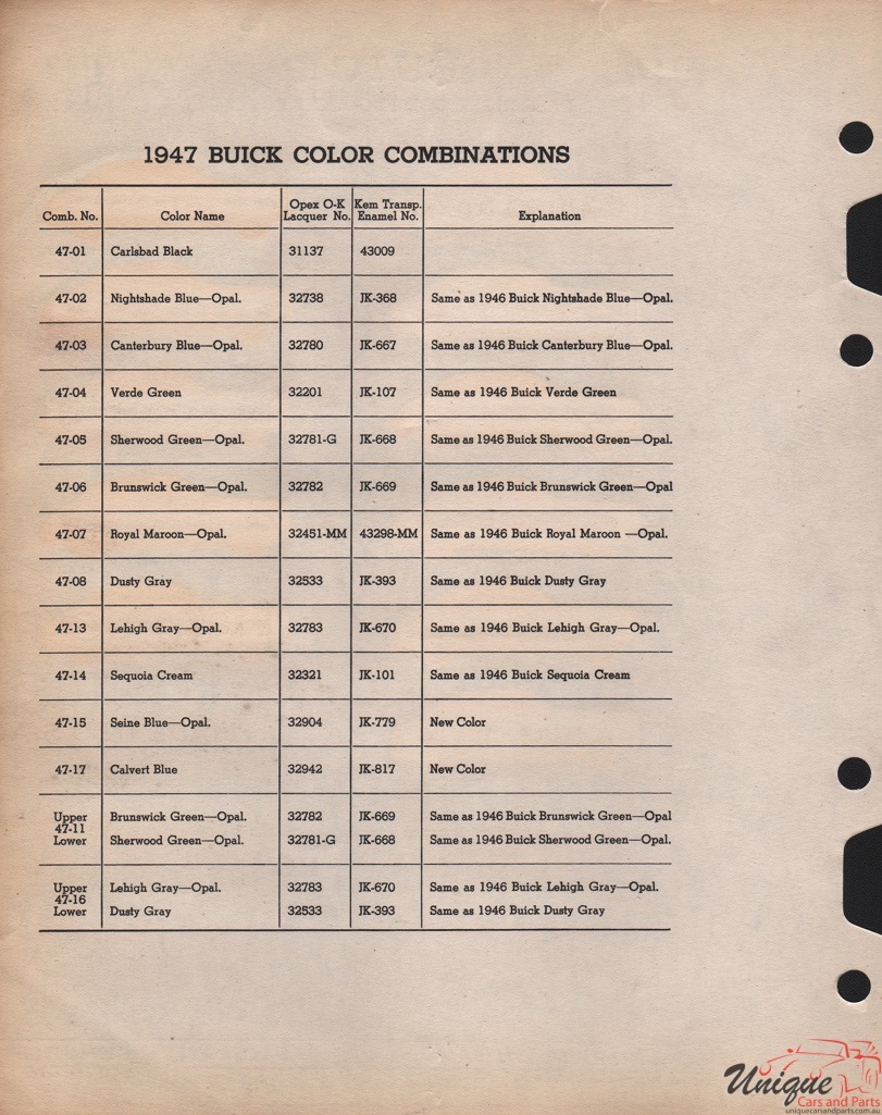 1947 Buick Paint Charts Williams 2